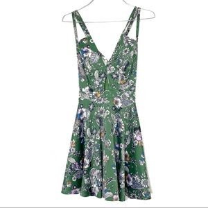 Bebe Floral Satin Fit & Flare Green Sleeveless Mini Dress